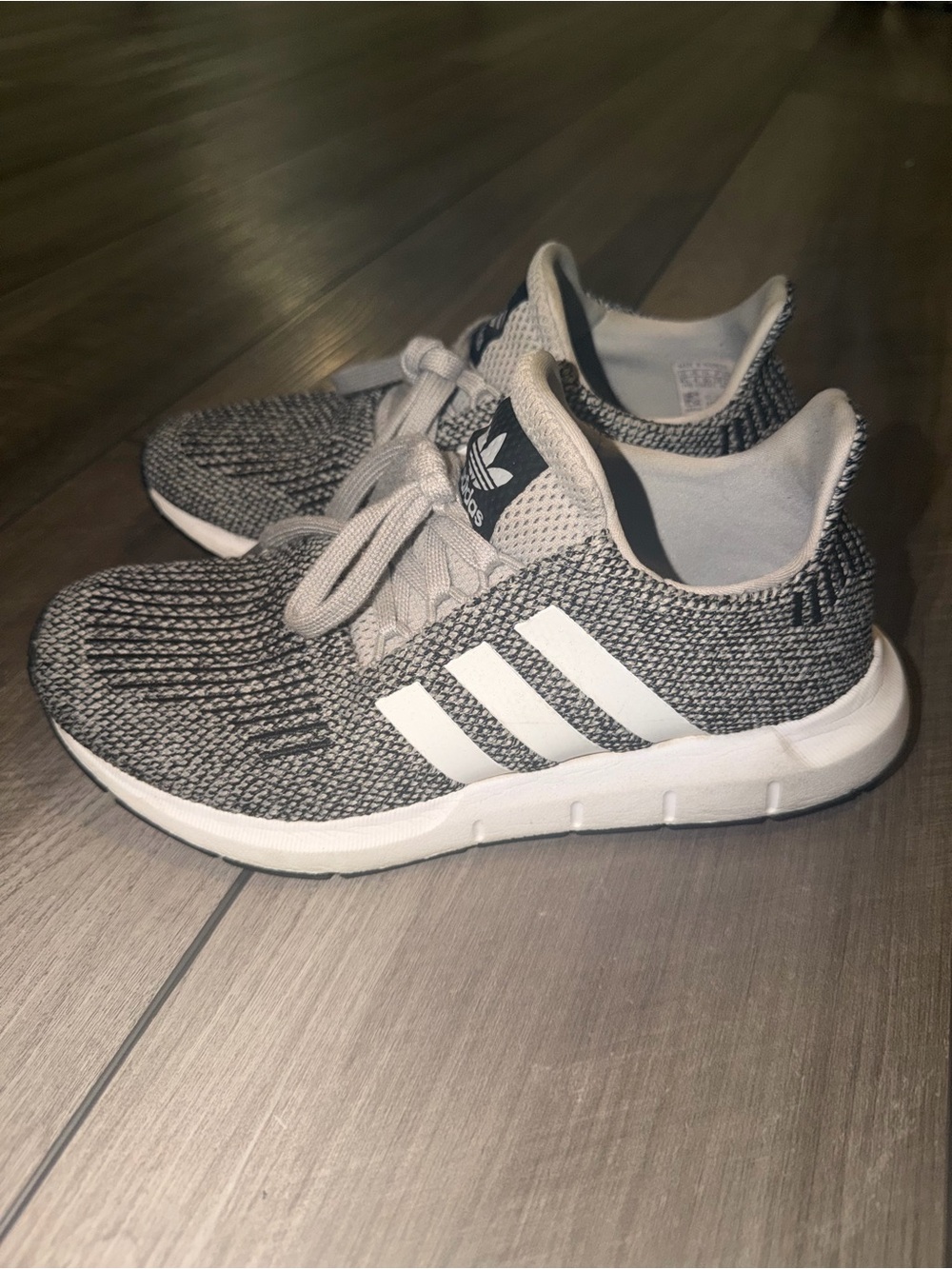 Adidas Gray Knit Sneakers with White Stripes Kids 4.5 (Women’s 6.5)